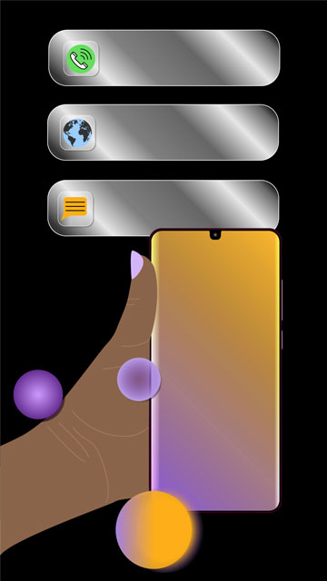 template mit Handy mit leerem Bildschirm hält, darüber sind social media Icons