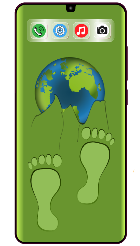 Handy mit zerbrocheenem Display, Fußspuren und Erdball