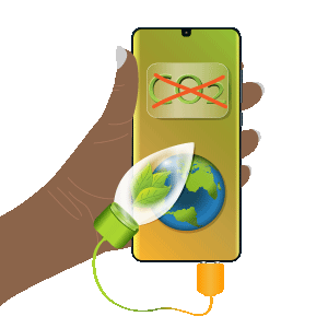 Hand hält Handy, dass mit einer Glühbirne verbunden ist. Auf dem Display steht durchgestrichen co2 und darunter ist die erde